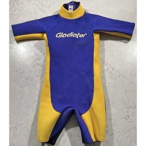 VTG 90s Gladiator Shorty Wetsuit Youth 16 Blue Yellow Made In USA Water Jet Ski